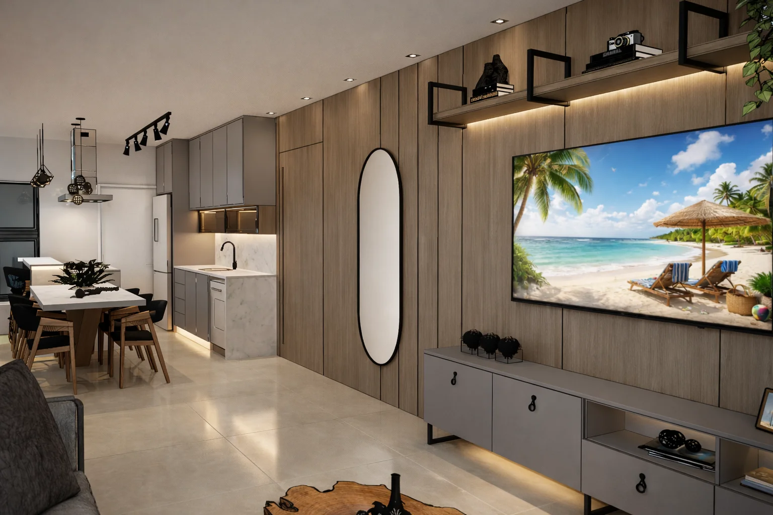 Living com Painel Amadeirado e Iluminação Integrada