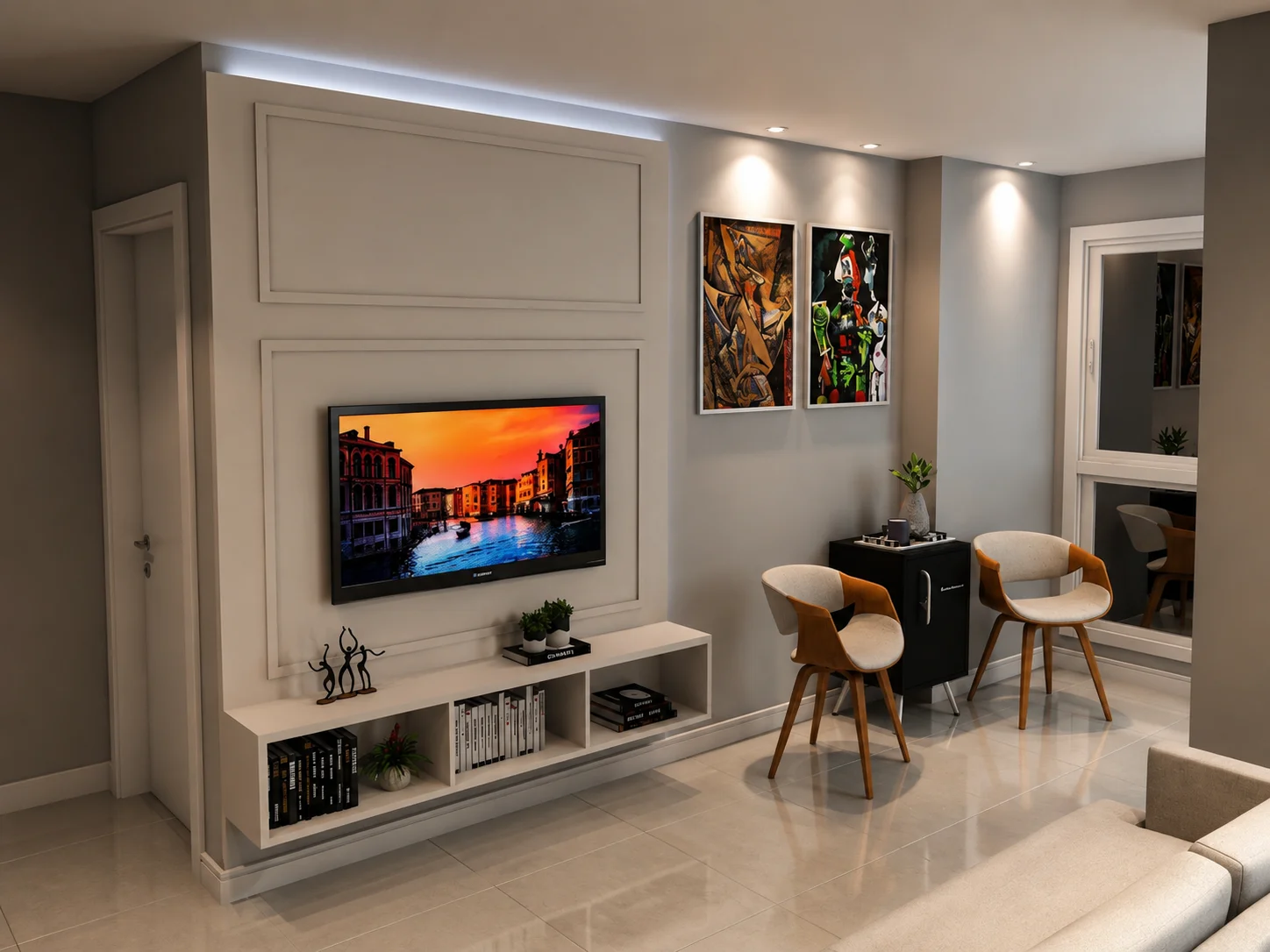 Sala de Estar com Boiserie e Bar Integrado