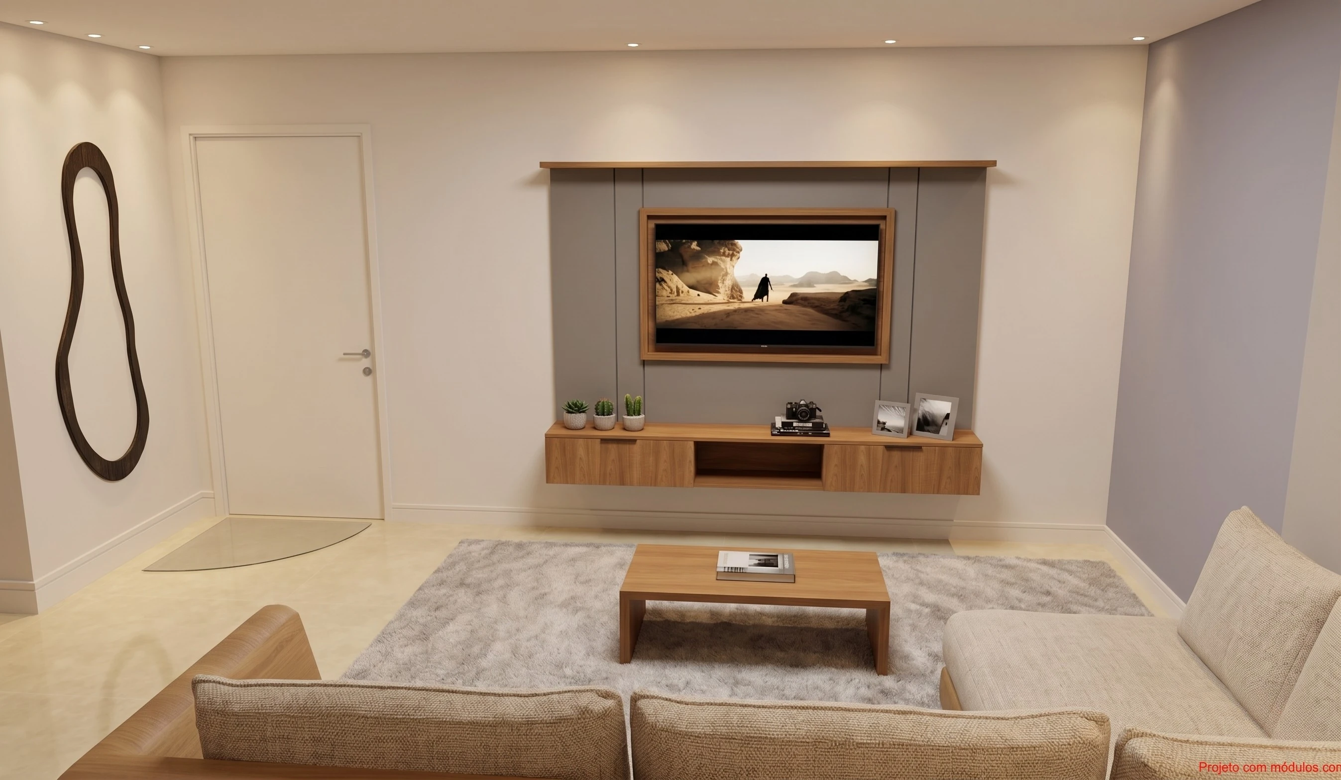 Home Theater e Living: Minimalismo em Madeira e Cinza